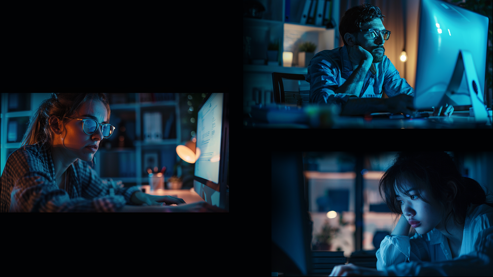 Personas enfocadas trabajando de noche, exigiéndose al máximo