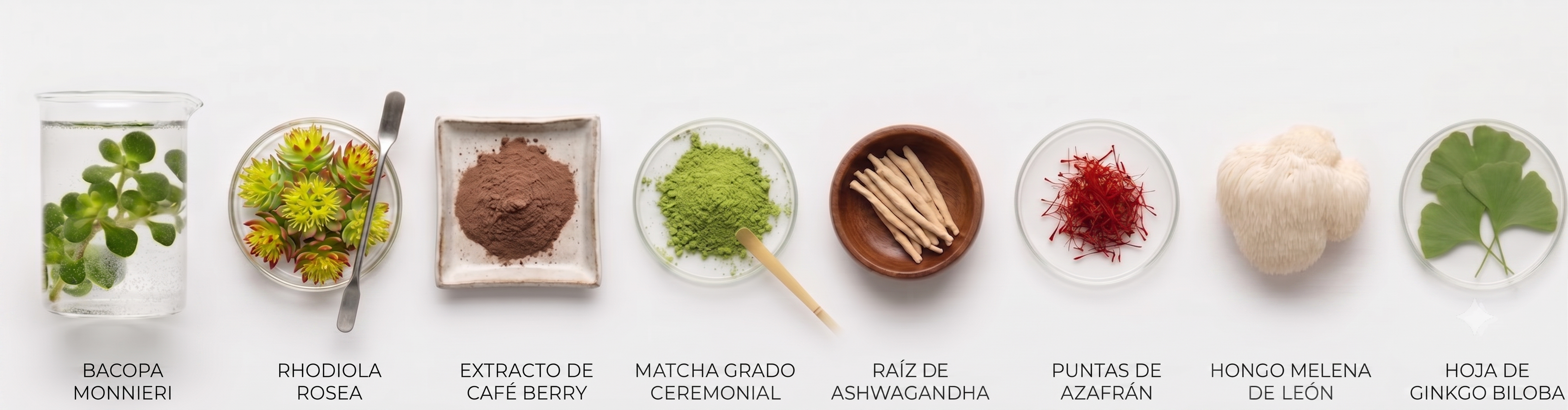 Ingredientes naturales: Bacopa Monnieri, Rhodiola Rosea, extracto de café berry, matcha, ashwagandha, azafrán, melena de león y ginkgo biloba